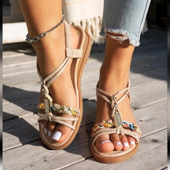 Beige Woven Strap Platform Wedge Sandals,Summer Bohemian Style Handcrafted Beach - Picture 3 of 4